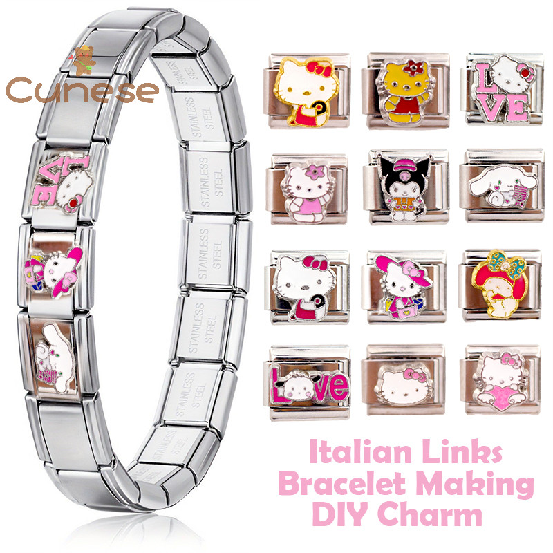 [Cenese] Sanrio Glaze Italian Charm Chain Bracelet KT Cat Bead Ch Hello Kitty Fashion Stainless Steel Bracelet DIY Jewelry Making [ใหม่]