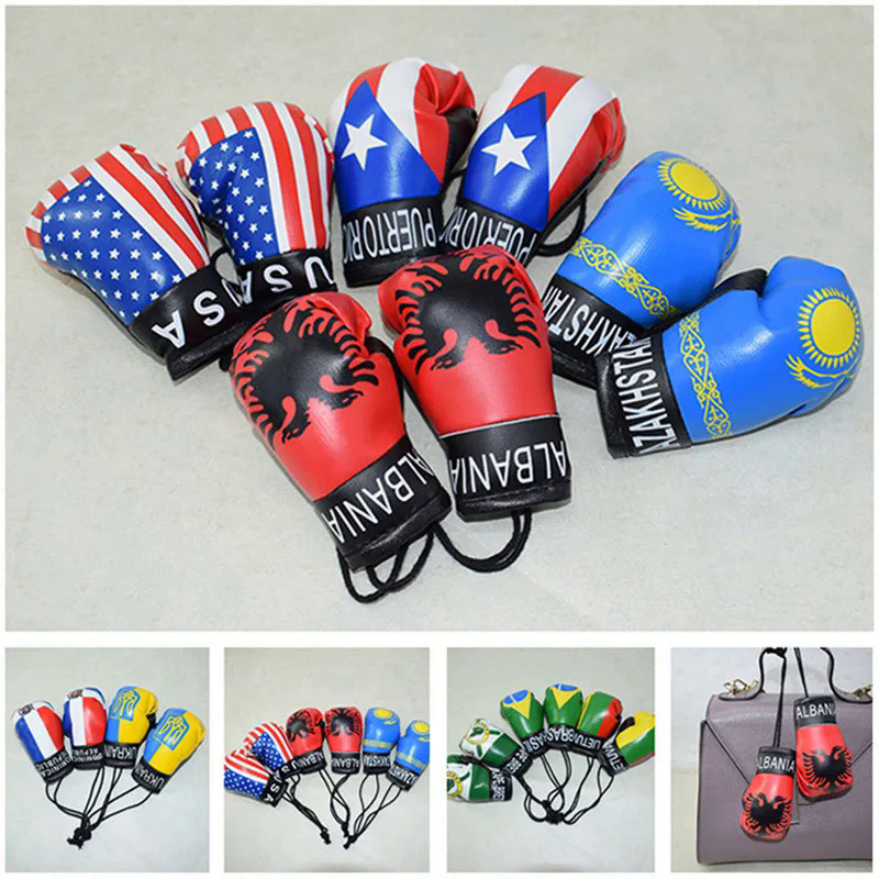 Boxing Gloves Keychains Car Bag Pendant Keychain Sport Leather PVC Boxer Italy Ukraine National Flag