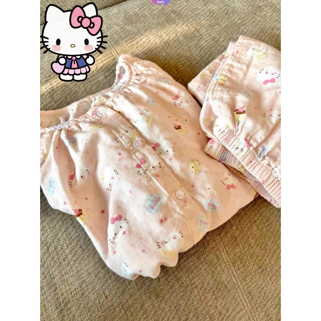 Hellokitty Sanrio ชุดนอนสตรีแขนยาวกางเกงขายาวรอบคอบางส่วนชุดนักเรียน [RAIN]