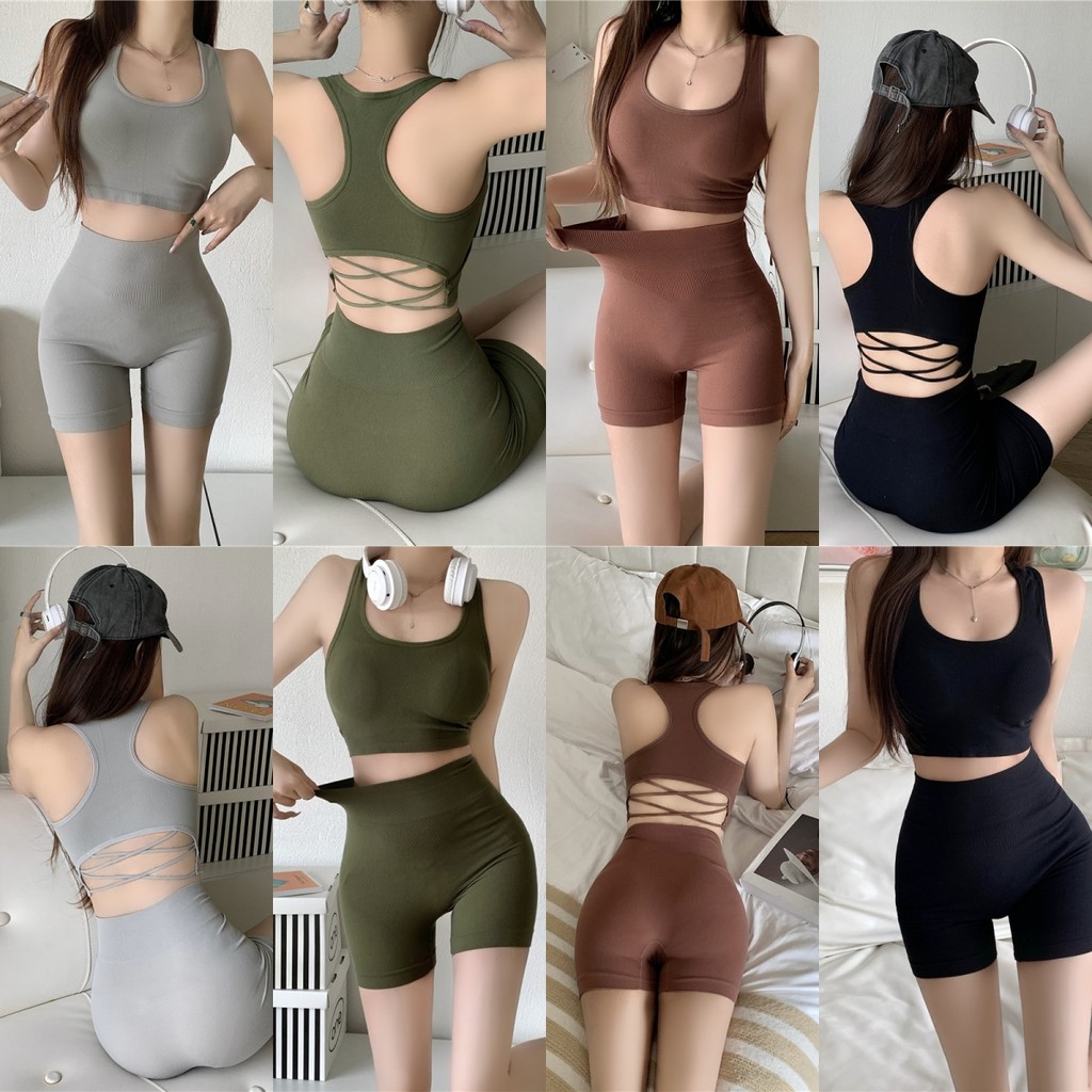 ✨Soroh✨ชุดโยคะ มีฟองน้ำ เสื้อแขนกุด กางเกงโยคะ กางเกงเอวยางยืด เข้ารูป🌟เซต2ชิ้น ออกกําลังกายขา สันรุ่นแมท🎇#FY8808