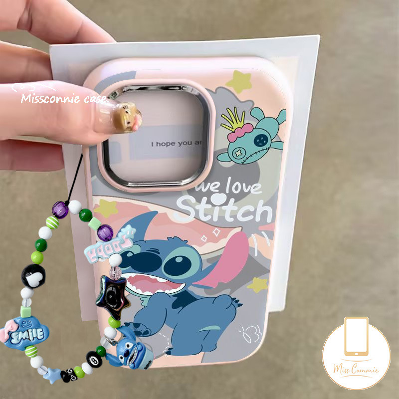 การ์ตูนสี 3D Love Heart Stitch สร้อยข้อมือสําหรับ IPhone 16 13 14 11 15 12 Pro Max 7Plus XR X XS Max 16 8 7 Plus SE 2020 หรูหราชุบโลหะเลนส์สีลูกกวาดฝาครอบ