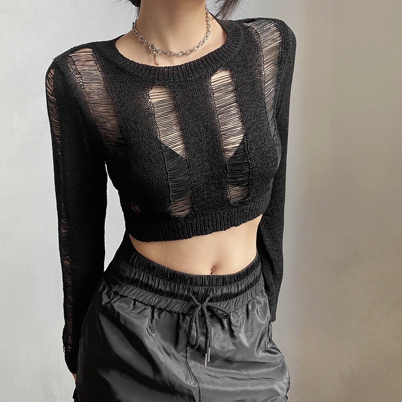 Kliou แฟชั่น Hollow Hole Design ผ้าพันคอรอบคอเสื้อแขนยาวเสื้อกันหนาว Slim ถัก Crop Tops Womens