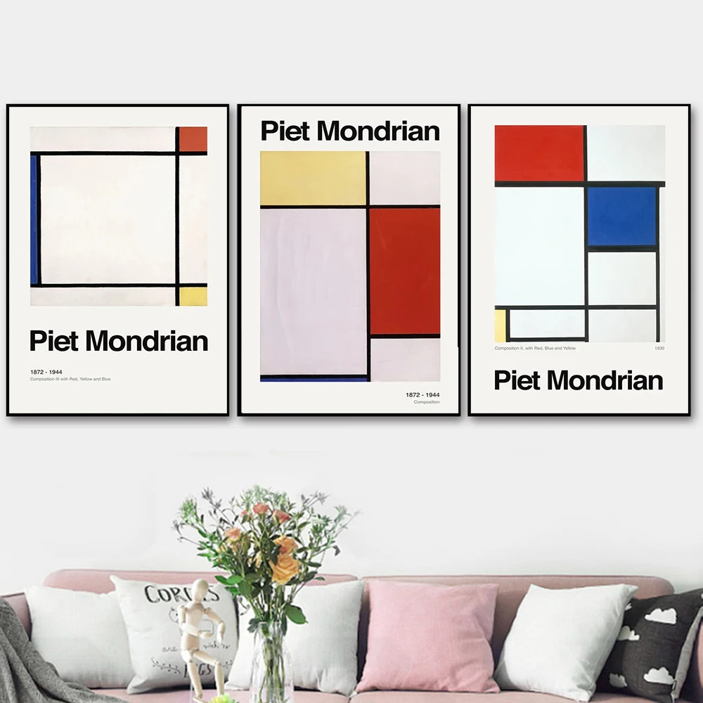 Mondrian องค์ประกอบ Art Classics โปสเตอร์สีแดงสีดําสีขาวผ้าใบพิมพ์ Modern Wall Decor ภาพสําหรับห้องนั่งเล่น