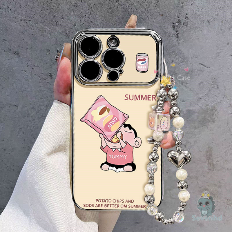 สําหรับiphone 11 16 15 14 13 12 Pro Xr X Xs Max 7 8 6 6s Plus Crayon Shin-Chanน่ารักการ์ตูนGluty Cheerfulเคสโทรศัพท์ + โซ่ชุบหรูหราคมชัดหน้าต่างกันกระแทกปกหลัง