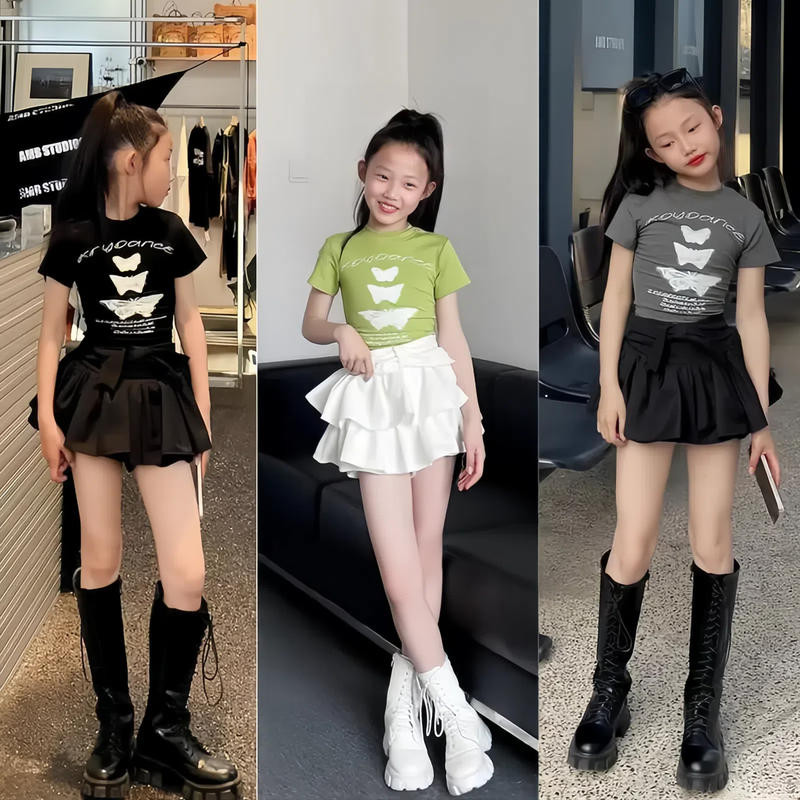 [KeDaYa] พร้อมส่ง ชุดเซ็ต Y2K เสื้อโบว์และกระโปรง | สกอร์ทโบว์ทรงเอ | เสื้อสไตล์เกาหลี | ชุดเต้นแจ๊สเด็ก | ชุดฮิปฮอปเด็กผู้หญิง | แฟชั่นวินเทจอเมริกัน