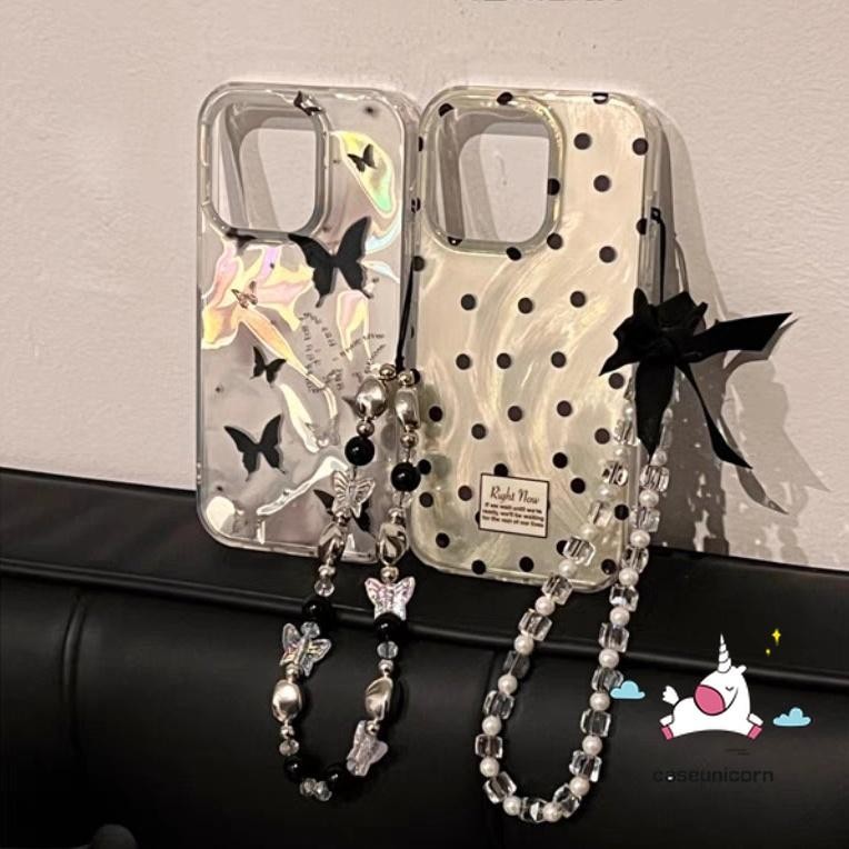 Vintage Polka Dot Dreamyผีเสื้อการ์ตูนDoodleปลอกสําหรับIPhone 16 13 11 12 15 14 Pro MAX 7Plus XR 7 14 16 15 8 Plus X XS MAX SE 2020 อินเทรนด์หรูหราโบว์สร้อยข้อมือกรณี