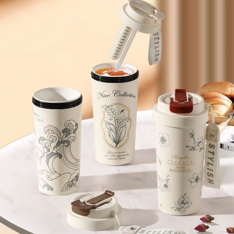 【LUCKY】แก้วเก็บความร้อน เซรามิก ป้องกันน้ำหก มีฟาง ที่กรองชา แก้วกาแฟ กระติกน้ำร้อน ซับเซรามิกเต็มใบ ความจุขนาดใหญ่ แก้วน้ำ 550มล.