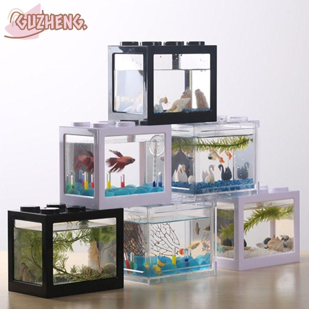 Guzheng ตู้ปลาปลากัด, โคมไฟ LED หลากสี Building Block Aquarium, Creative พลาสติกต่อสู้ปลากระบอก Tropical Fish Breeding Box Home Office
