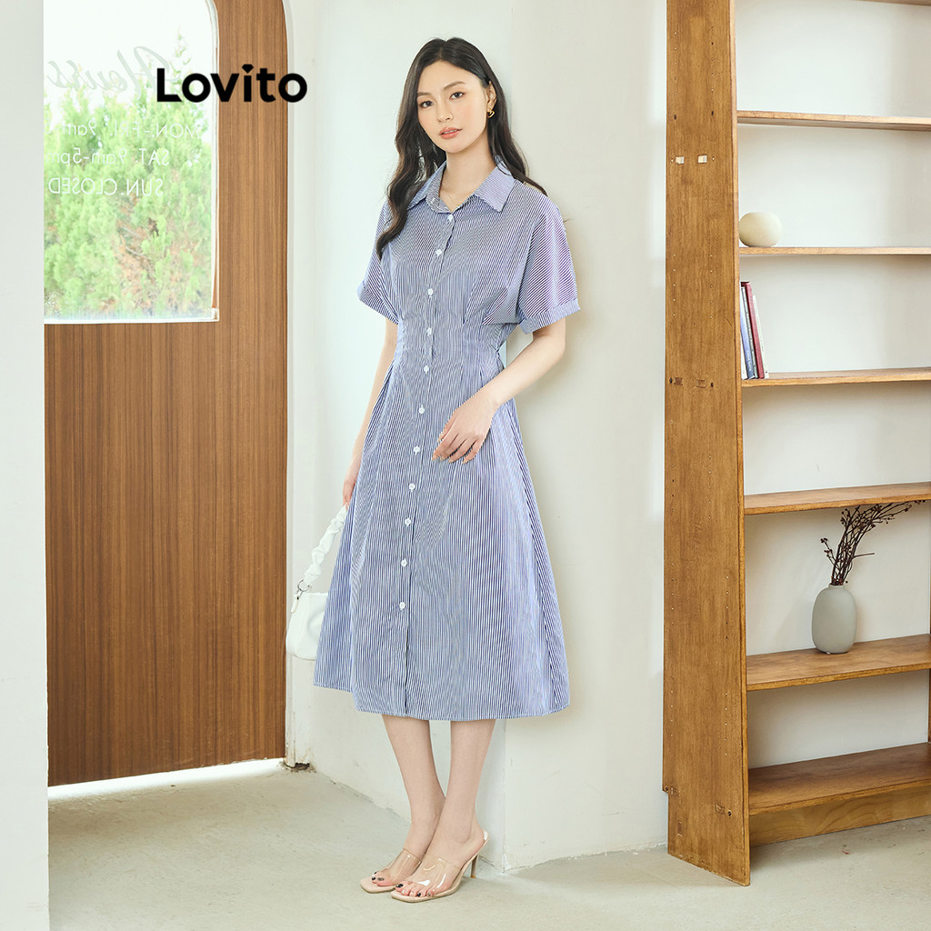 Lovito ชุดเดรสจีบกระดุมลายทางลำลองสำหรับผู้หญิง L104ED398