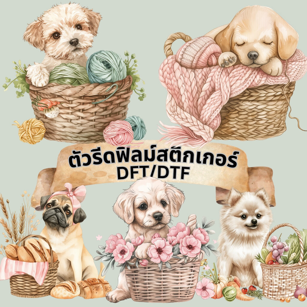 ตัวรีดติดเสื้อ หมา ตะกร้า น่ารัก ฟิลม์รีดร้อน พิมพ์ลาย สติกเกอร์รีดติดเสื้อ สกรีนลาย ฟิลม์ DFT DTF