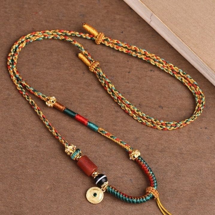 สร้อยคอทิเบตเชือกฝ้ายจี้ทําด้วยมือเชือกเชือกขี้ผึ้งเหวินวานพระเครื่องเชือกถักจี้ชาติพันธุ์เชือกเส้นเล็กทังกา ฉ03