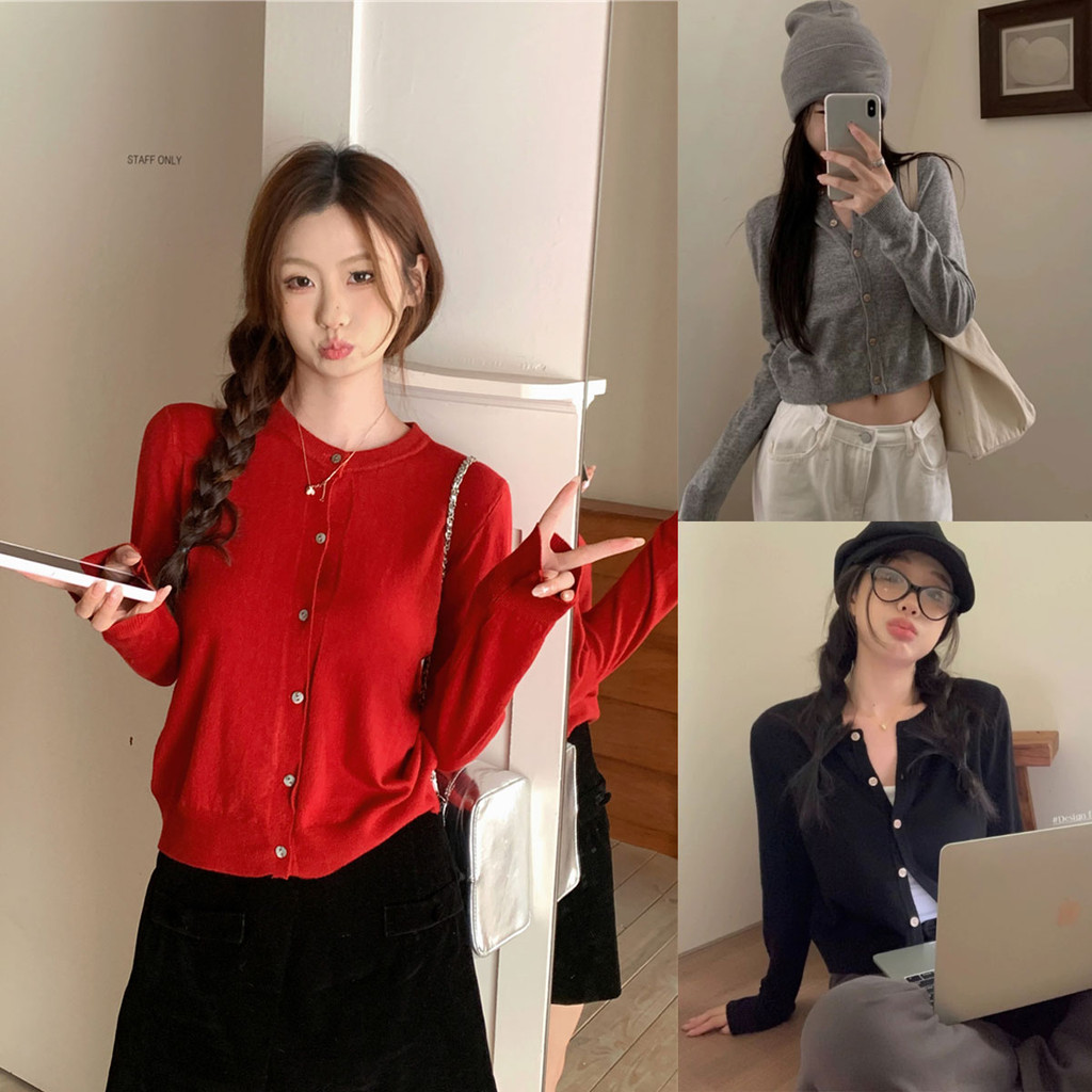 Dahong D091 เสื้อครอปแฟชั่นเกาหลีผู้หญิง เสื้อคาร์ดิแกนถักแขนยาว สีพื้น สไตส์เกาหลี เหมาะกับฤดูใบไม้ร่วง