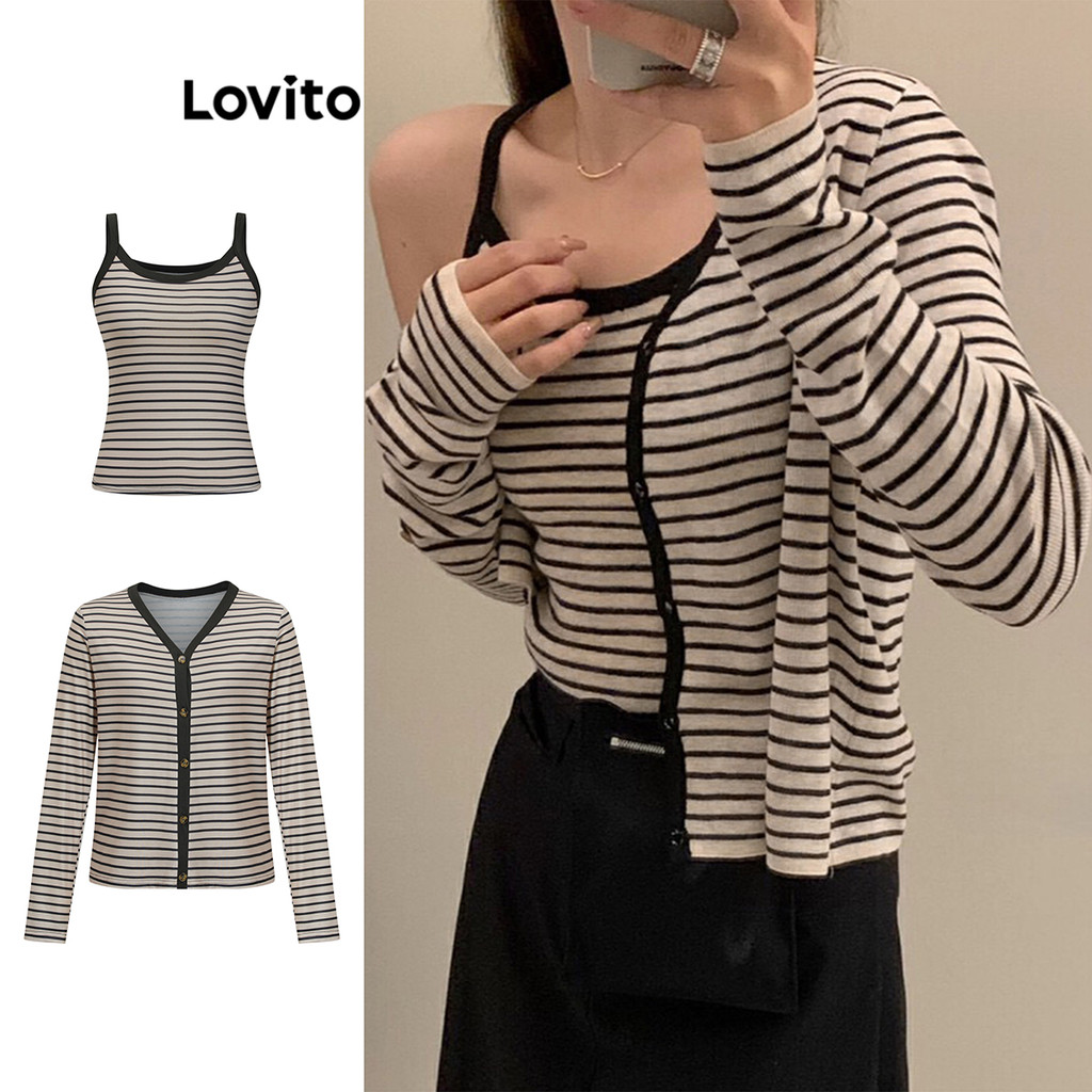 Lovito ชุดลำลองลายทางคอนทราสต์ผูกเปรียบต่างกันบนสำหรับผู้หญิง L105MD440
