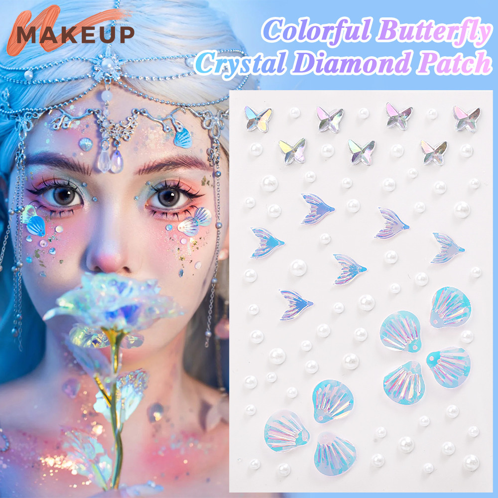Brilliant สี Face Shell Mermaid Patch - DIY Eyes Body Rhinestones - Self-Adhesive ชั่วคราว Tattoo - 3D สีสันผีเสื้อคริสตัลเพชรสติกเกอร์ - แต่งหน้า Art Party Decor