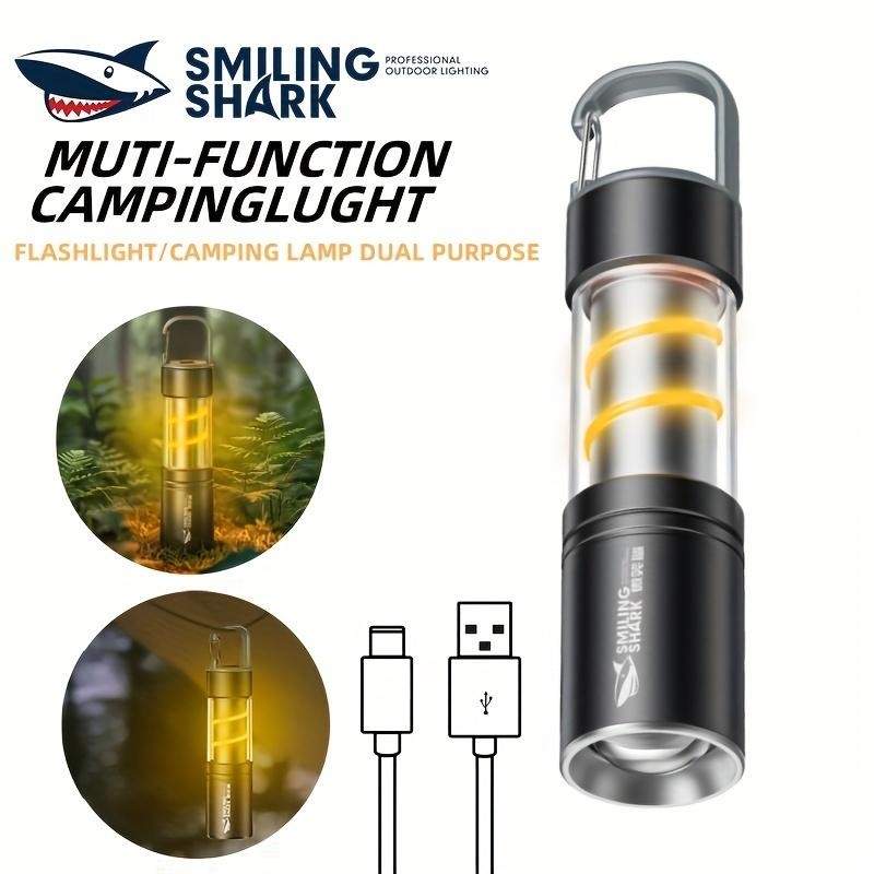 Smiling Shark ไฟฉาย LED ขนาดเล็กแบบชาร์จไฟได้ไฟฉาย LED Zoomable สว่างเป็นพิเศษพร้อมล็อคตะขอสําหรับตั้งแคมป์เดินป่าตกปลากลางแจ้ง