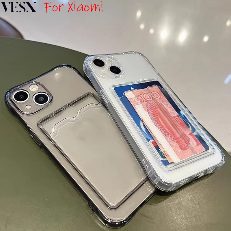 เคสกันกระแทกเคสใส่บัตร เคสซิลิโคนใส เคสใสทรงสี่เหลี่ยม Xiaomi Mi 14 13T 12 Lite 12T POCO X6 X5 X3 GT M6 M3 Pro 4G 5G 2024