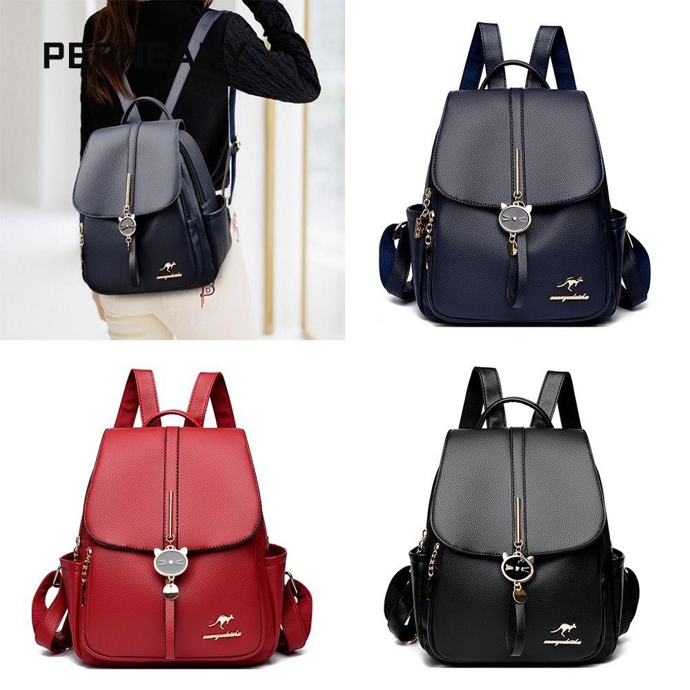 Perneaky กระเป๋าเป้สะพายหลังผ้าใบ,สีทึบความจุขนาดใหญ่กระเป๋าสะพายข้าง,แฟชั่นรอยขีดข่วนทนแมวจี้หนัง PU กระเป๋านักเรียนสําหรับวัยรุ่นหญิง