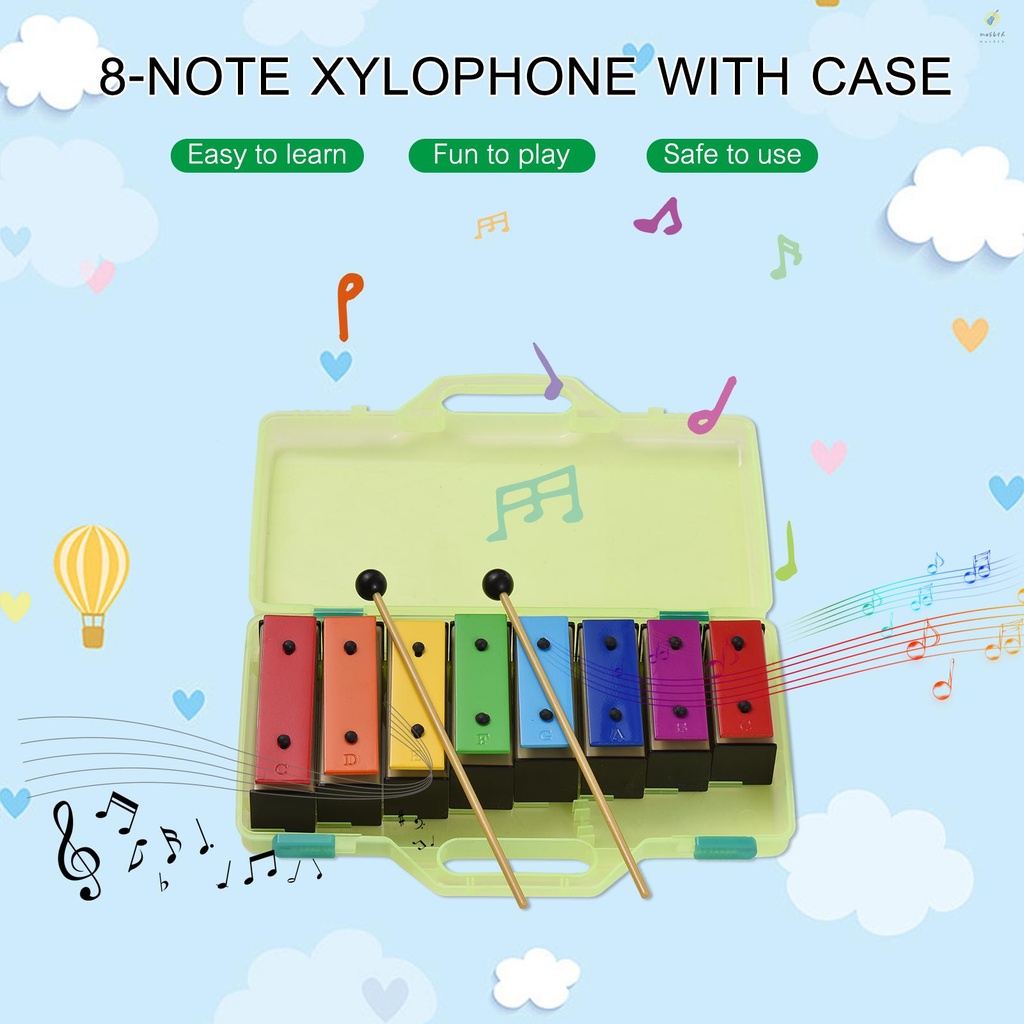 8-note Xylophone สีสัน Glockenspiel ที่ถอดออกได้ Rainbow สีแผ่นโลหะ Resonator Bells พลาสติก Mallets สีเขียว Ca - รูปที่ 2