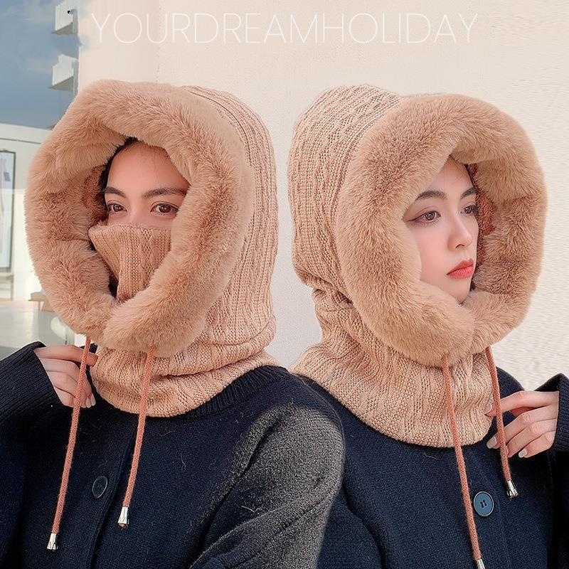 ฤดูหนาวใหม่ผู้หญิง 3in1 ถักหมวกสกีพร้อมผ้าพันคอคออุ่น Beanie หมวกหมวก Hooded Fluff Keep Warm พร้อมหน้ากาก
