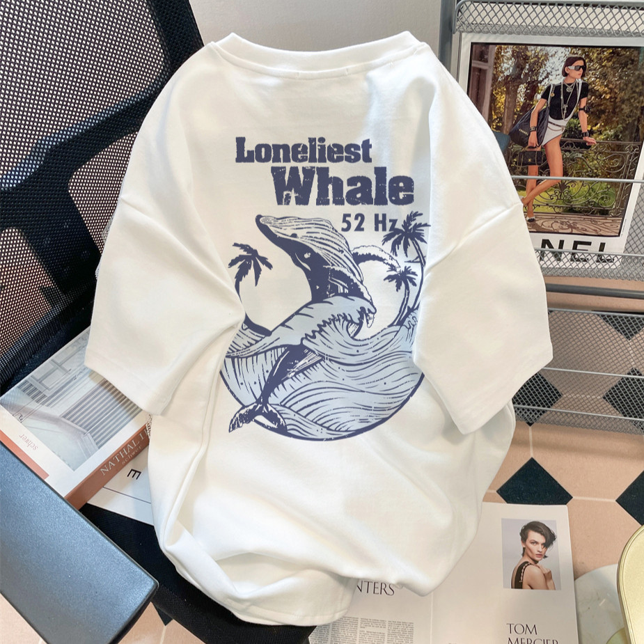 SELVZE（จัดส่งตลอด 24 ชั่วโมง） Printed T-shirt，แฟชั่นการ์ตูนฉลามพิมพ์เสื้อยืดแขนสั้นหลวม P000287