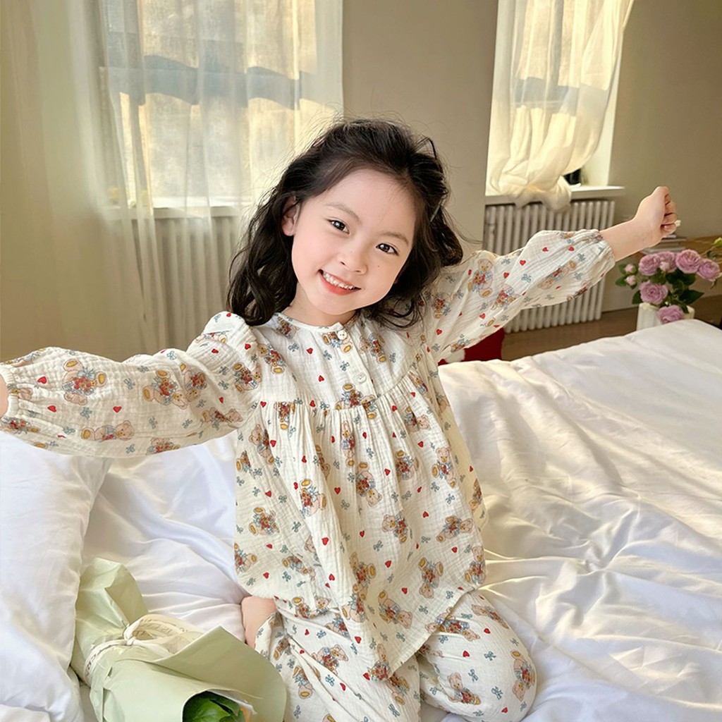 สาวแขนยาวชุดนอนชุดฤดูใบไม้ผลิฤดูใบไม้ร่วงแฟชั่นสไตล์ใหม่เวอร์ชั่นเกาหลีผ้าฝ้ายแท้นุ่มสบายระบายอากาศการ์ตูนหมีพิมพ์ ชุดลําลอง สอง-