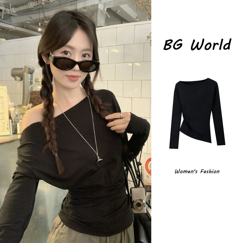 เสื้อยืดแขนยาวไหล่กอดสไตล์เกาหลีเซ็กซี่แฟชั่นฤดูใบไม้ร่วง