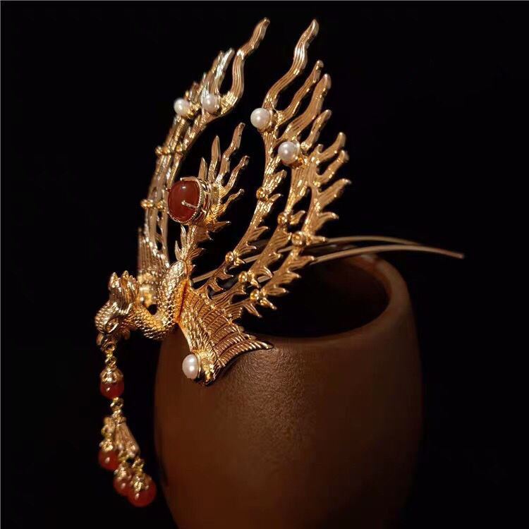 [Jiangyun Hand-made Fire Phoenix] Ming Made Di Bun Head Face Fire Phoenix Hair Crown Hairpin Hanfu เครื่องประดับผมงานแต่งงานคลาสสิก ~241015~