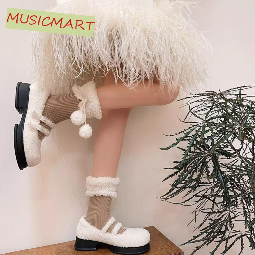 Musicmart ถุงเท้าฤดูหนาวผู้หญิง, Lace Up Thicken ถุงเท้าโลลิต้าทําด้วยผ้าขนสัตว์, Soft Warm Plush Balls Hosiery กลางลูกวัวถุงเท้าหลอดสาวเผ็ด