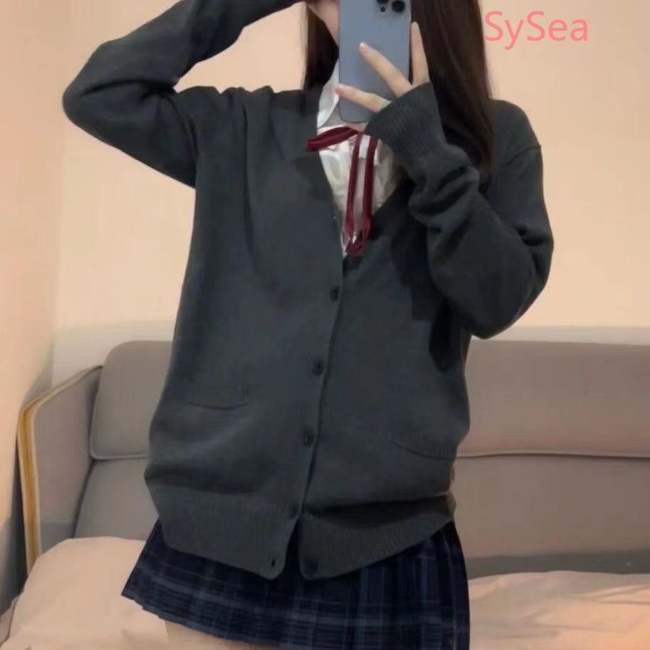 ฤดูใบไม้ร่วงของผู้หญิง Jk Preppy สไตล์ถักเสื้อกันหนาวคอวีหลวม ราคา ถูกที่สุด ดีลบีเคเค แกลเลอรีภาพที่ 3