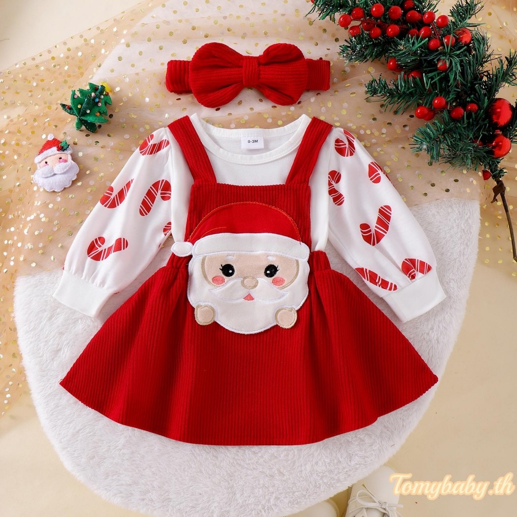 Tomybaby-เด็กทารก 3 ชิ้นคริสต์มาสชุดแขนยาว Romper + Santa Claus เย็บปักถักร้อยกระโปรงแขวน + แถบคาดศีรษะ