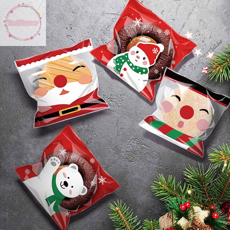 Redflower 100 ชิ้นกระเป๋าของขวัญคริสต์มาส Self กาวคุกกี้ Candy ห่อกระเป๋าปีใหม่ Party ของขวัญขนมขบเคี้ยวเบเกอรี่ถุงพลาสติก TH