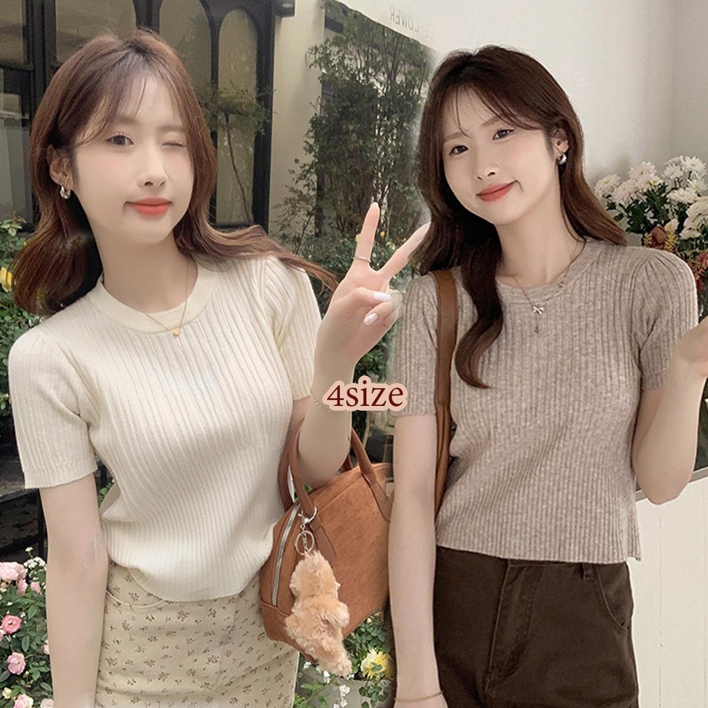 เสื้อถักไหมพรมแขนสั้นเสื้อสเวตเตอร์แขนสั้น เสื้อยืดผู้หญิงแฟชั่น คอกลมเสื้อผ้าผู้หญิงส ไตล์เกาหลีใส่กับอะไรก็ปัง#1573