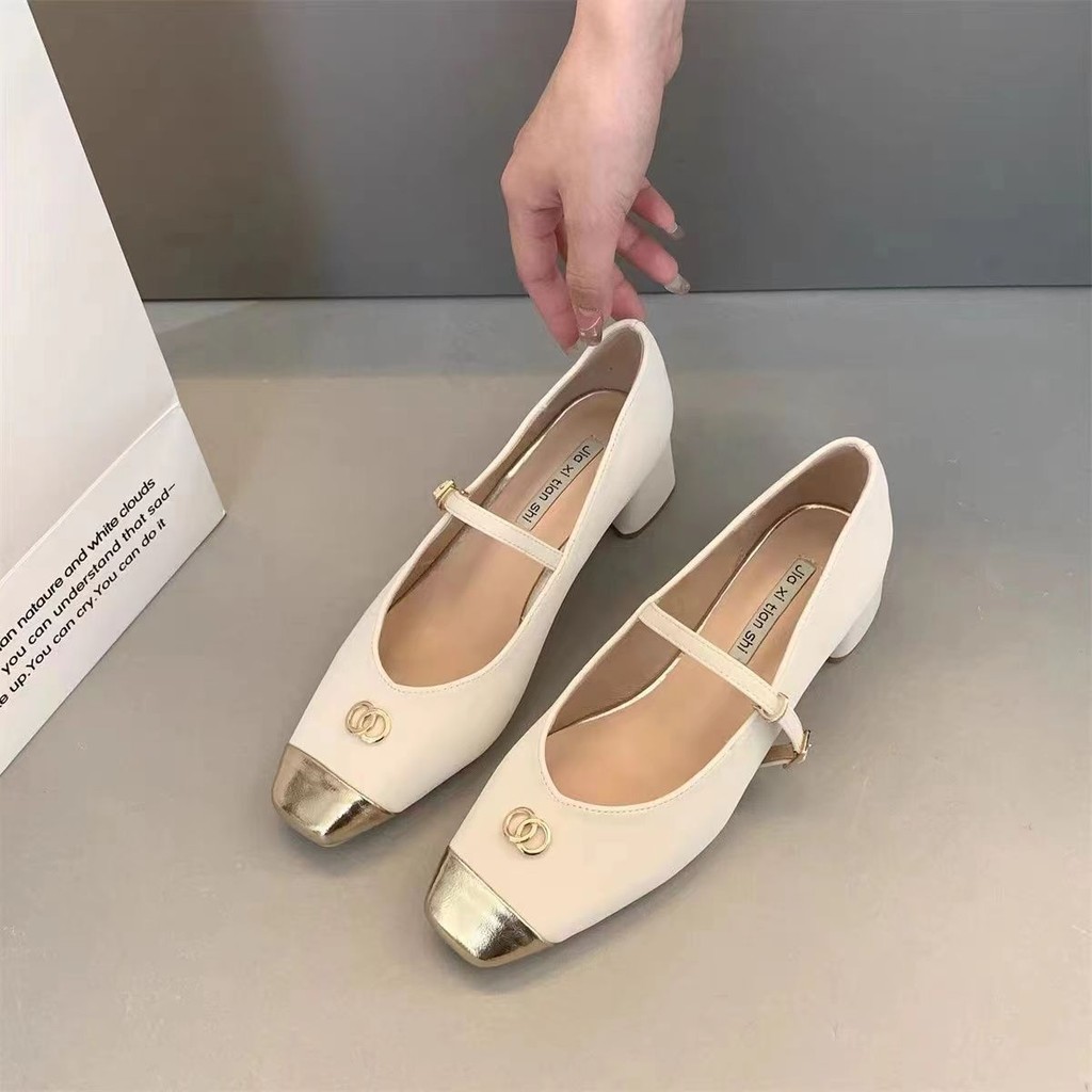 แมรี่เจน Chunky Heels รองเท้าส้นสูงเวอร์ชั่นเกาหลีสวมใส่ด้านนอกสไตล์ใหม่กันลื่น