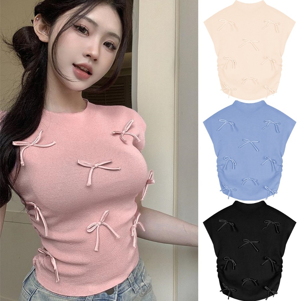 Suysuy พร้อมส่ง เสื้อ แขนกุด คอกลม ผ้าเรยอน แต่งโบว์ น่ารัก วัยรุ่นสุดๆ เนื้อผ้านุ่มนิ่ม ยืดได้เยอะ