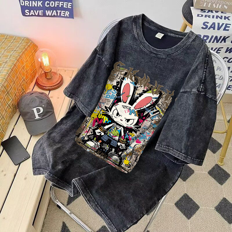 Qkoole เสื้อ oversize ฟอก cotton 100 สไตล์ฮิปฮอป เรโทร I000867
