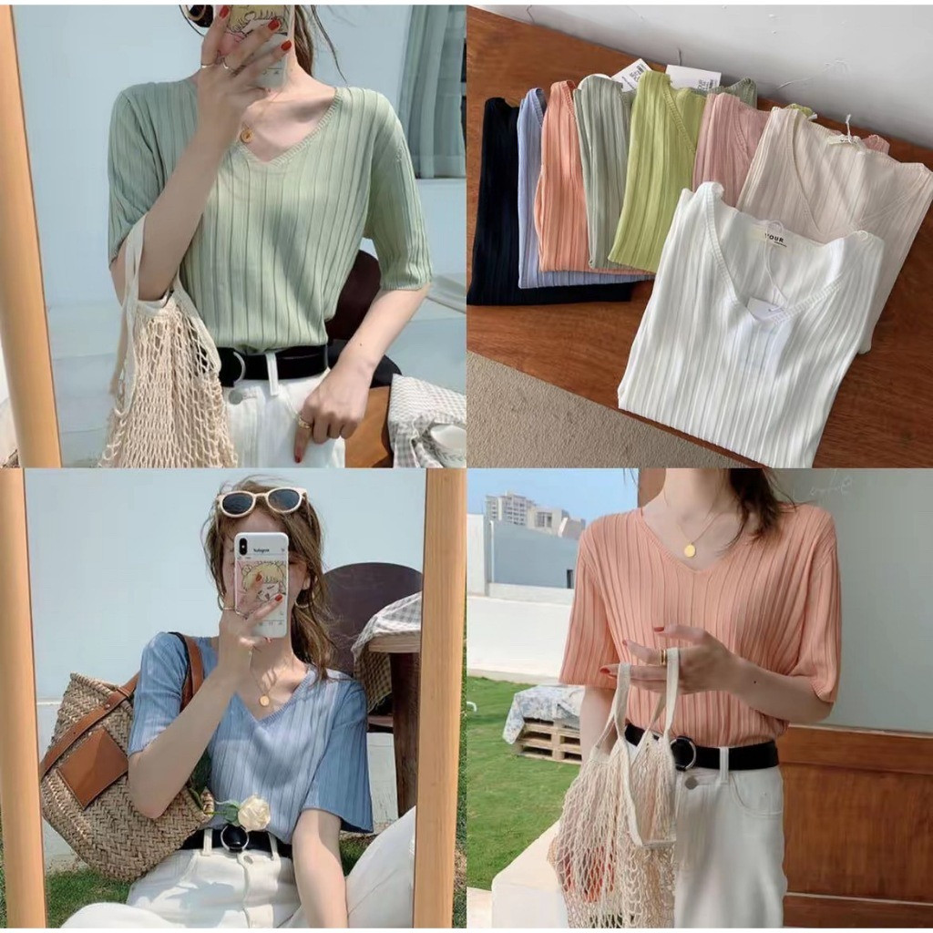 SHOP_MKL🌿พร้อมส่งเสื้อไหมพรมคอวี สีพื้น ลายเส้นใหญ่ ผ้านิ่มใส่สบาย ผ้ายืดตามตัว เสื้อแฟชั่นหลายสีให้เลือก  #A068