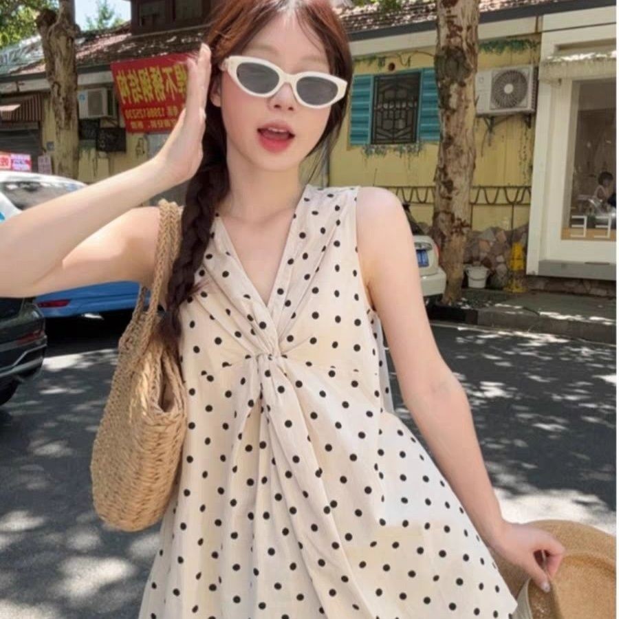เสื้อแขนกุดลายจุดสไตล์เกาหลี สำหรับฤดูร้อน