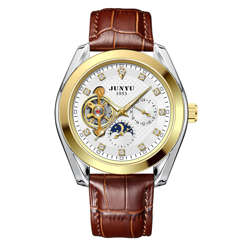 JUNYU นาฬิกากลไกอัตโนมัติ Tourbillon Hollow นาฬิกาผู้ชายกันน้ํา