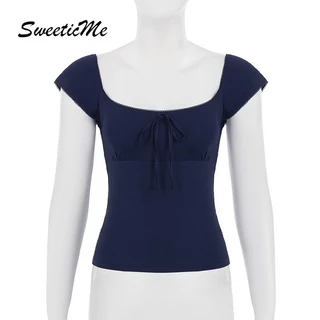 SweeticMe เสื้อสตรี 2025 แฟชั่นใหม่หวานคอสี่เหลี่ยมแขนกุด Lacing