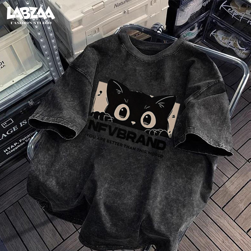 เสื้อยืดแขนสั้นคอกลม⚡วินเทจฟอกน้ำ ลายพิมพ์แมวดำตัวเล็ก โอเวอร์ไซซ์ ใส่สบาย ผ้าคอตตอน 100% YG438