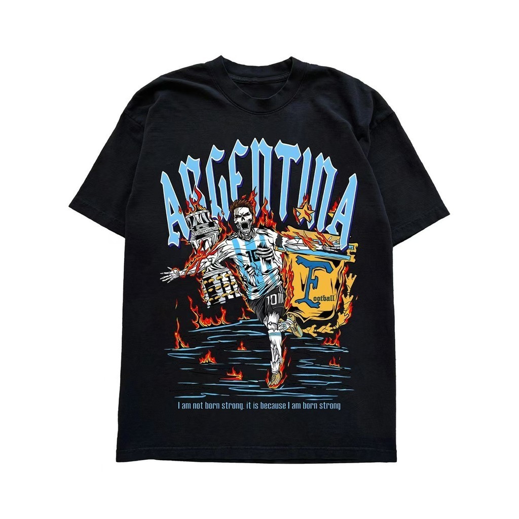 เสื้อยืดผู้ใหญ่สไตล์เรโทร ธีมฟุตบอลอาร์เจนตินา สีดำนุ่มสบาย