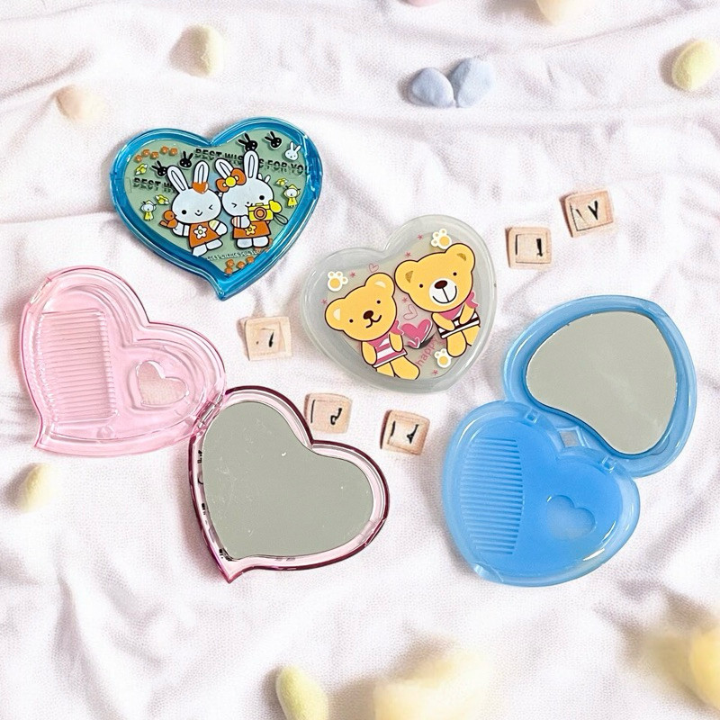 กระจกหัวใจพกพา+หวี สีหวาน พร้อมส่ง