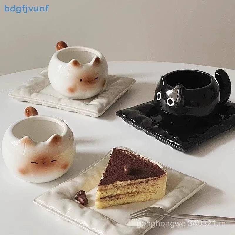 Breeze Cup Ceramic Mug Cartoon Siamese Cat Coffee Cup Coated Bottom Color Cat Water Cup Home Breakfast Milk Coffee Mug Birthday Gift Thai Cup LNEY