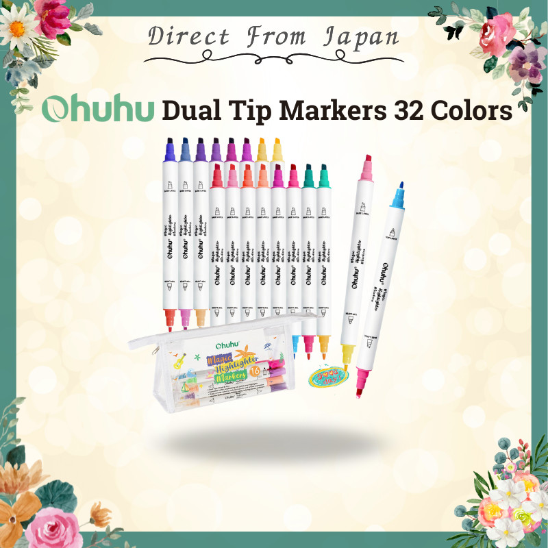 Ohuhu Double Tip Markers 32 Colors 16 Pens Water-Based with Carry Case