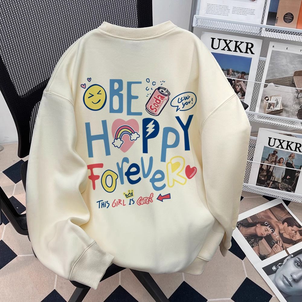 ผู้หญิงแฟชั่นเสื้อแขนยาวลําลองและมีความสุขพิมพ์เสื้อสวมหัวที่เรียบง่ายฤดูใบไม้ร่วงฤดูหนาวเสื้อสเวตเชิ้ต