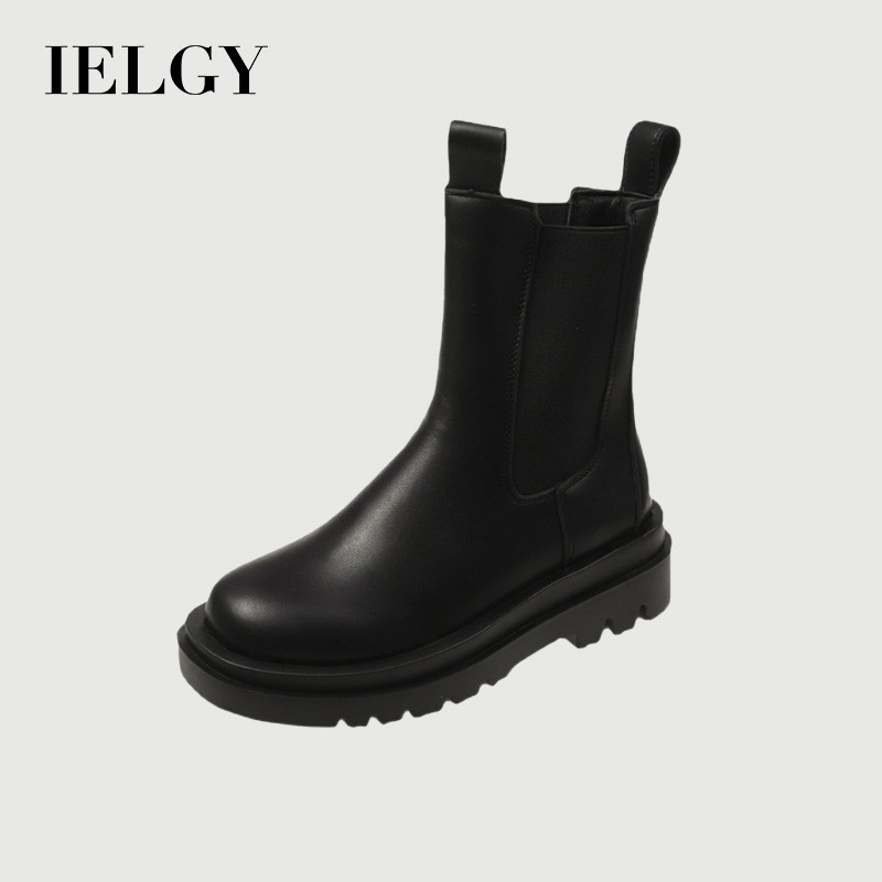 IELGY 2026 รองเท้าผู้หญิง รองเท้าบูท เชลซี ปล่องควัน รองเท้าบูท สีดํา อังกฤษ กลาง-ลํากล้อง