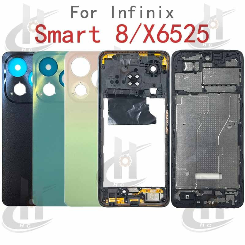 สําหรับ Infinix Smart 8 X6525 X6525b X6525C แบตเตอรี่ฝาหลังกรอบกลาง + ปุ่ม + กรอบด้านหน้า LCD + เลนส