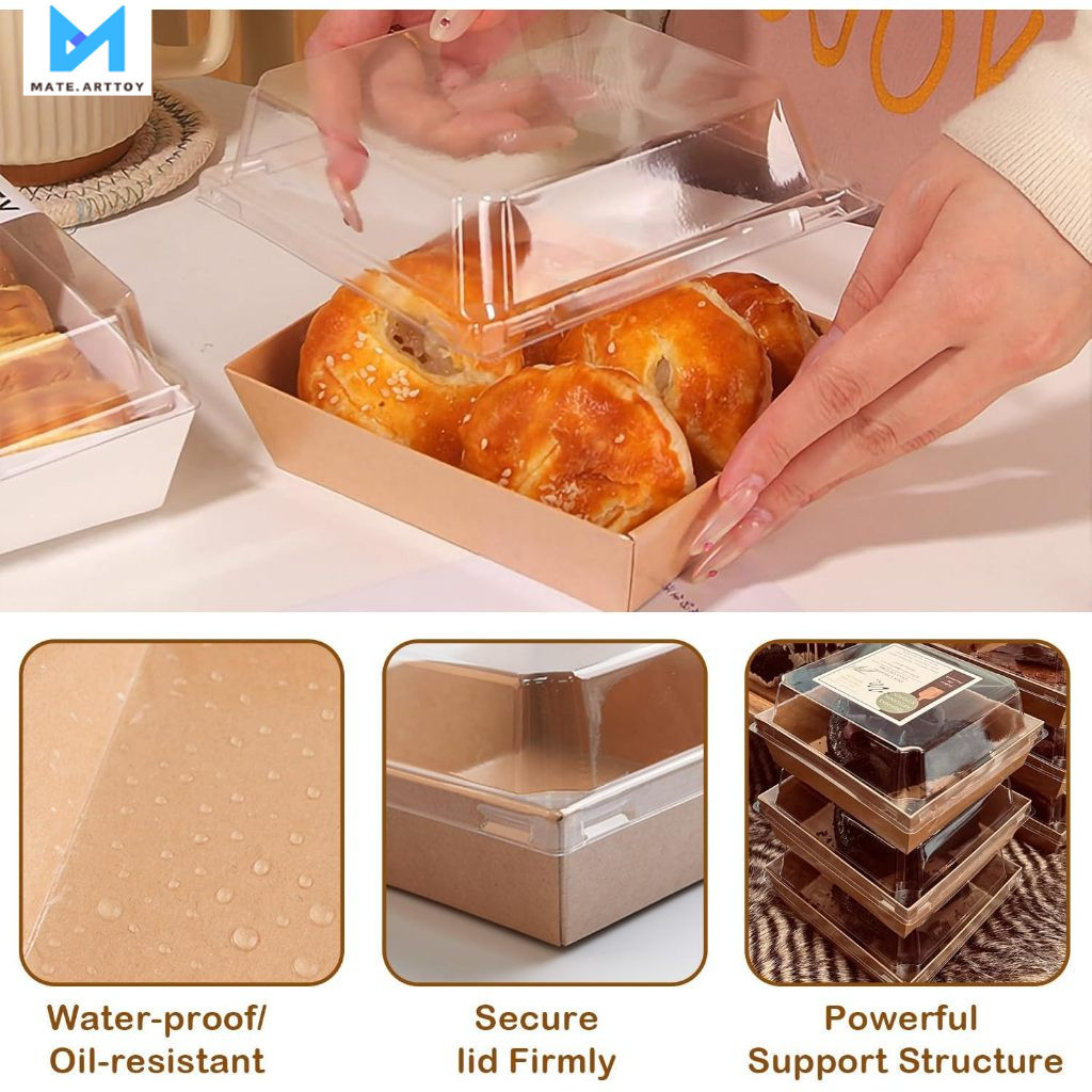 กล่องใส่ขนมกระดาษ ฝาใส 50 ชิ้น เหมาะสำหรับใส่แซนวิช ขนมขบเคี้ยว เบเกอรี่ กันน้ำ กันน้ำมัน เข้าไมโครเวฟได้ วัสดุเกรดอาหาร