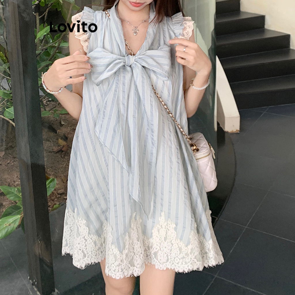 (Trendy) Lovito ชุดเดรสลําลองชุดเดรสด้านหน้าโบว์ลูกไม้ลายทางสําหรับผู้หญิง LNA75576 (หลากสี)