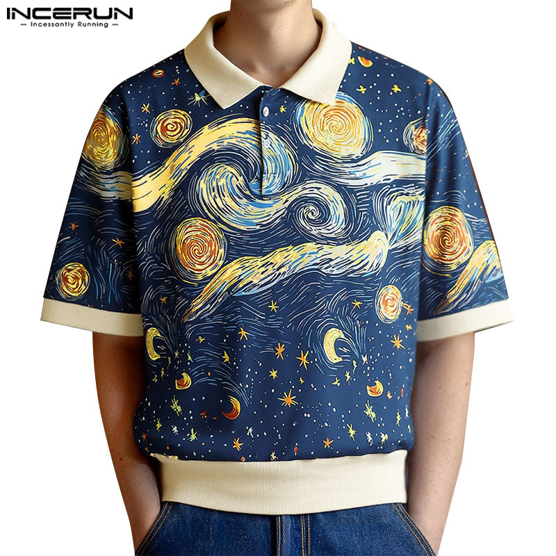 INCERUN เสื้อโปโลผู้ชาย สไตล์วินเทจ ลายภาพ Vincent van Gogh's Starry Night